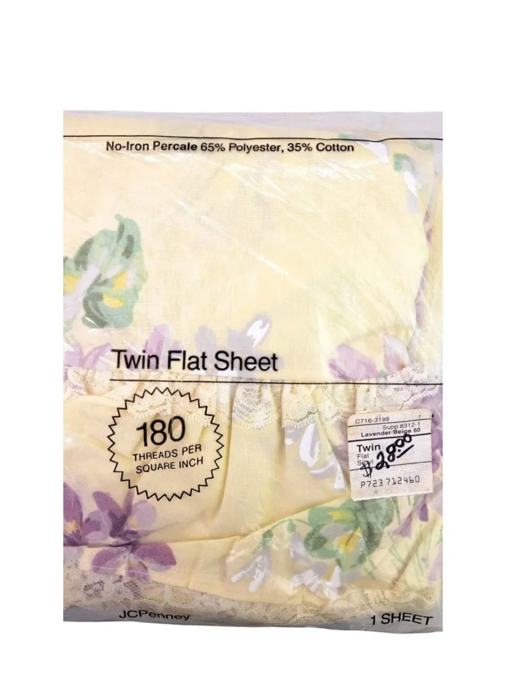 Vintage JC Penney Twin Flat Sheet Sibyl Lavender Beige Floral Lace No-Iron 66x96